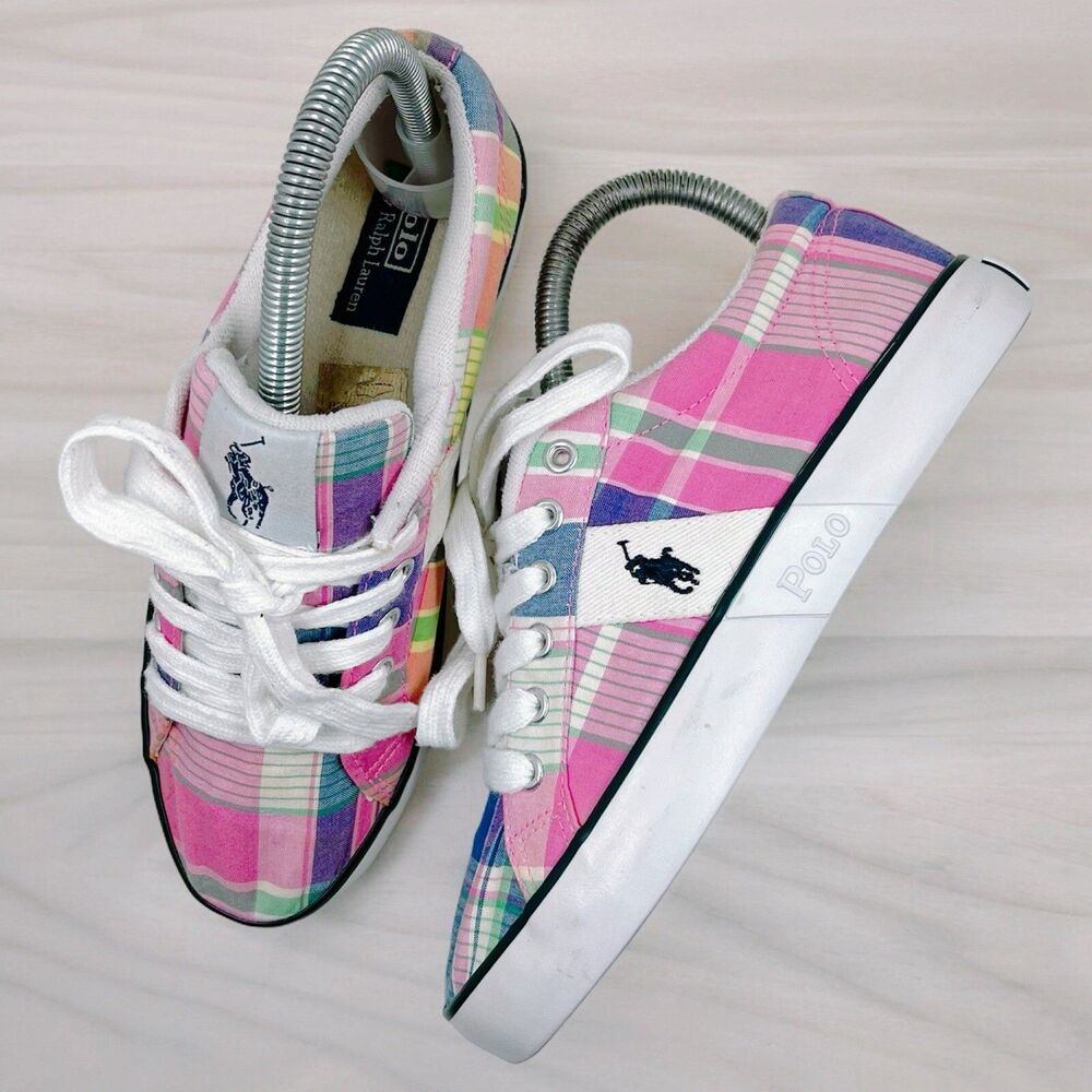 VTG Polo Ralph Lauren Boat Shoes Giles Madras Plaid Canvas Sneakers Lace Up SZ 4
